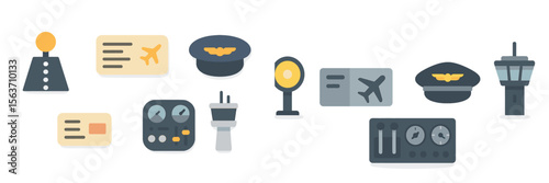 Aviation-themed graphic featuring various airline and airport elements in a flat design style