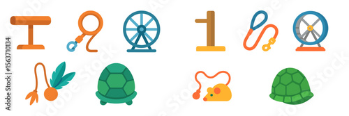 Colorful assortment of pet toys and accessories designed for small animals in a playful arrangement on a white background