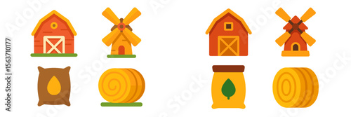 Colorful farm icons featuring barns, windmills, bales of hay, and sacks at a rural location in daylight