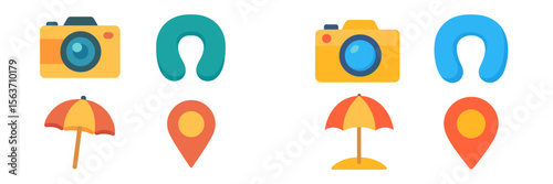 Collection of travel icons depicting camera, neck pillow, umbrella, and location pin highlighting essential vacation essentials