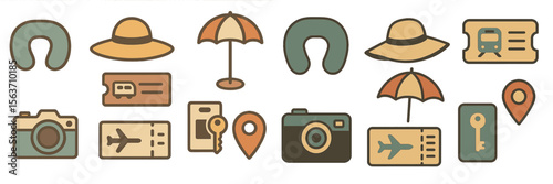 Collection of travel icons depicting vacation essentials such as hats, umbrellas, and tickets along with photography gear