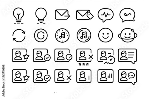 Dark UI icon set featuring user profiles, chat bubbles, ratings, and messages