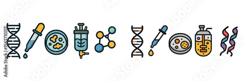 Various scientific illustrations showcasing DNA, molecules, and laboratory equipment in a colorful layout to represent biotechnology concepts
