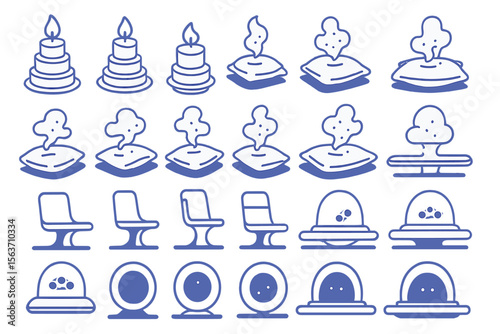 Set of vector icons depicting candles, steam, chairs, and abstract objects with a minimalistic, line-drawing style.