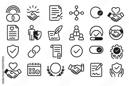 Set of vector icons related to agreements, contracts, protection, validation, and business processes.