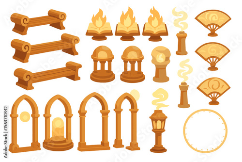 Fantasy-themed UI set with glowing books, arches, benches, and lanterns