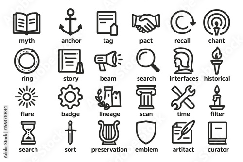 A set of icons representing various historical and archival concepts, including books, search, artifacts, and preservation, with a mix of ancient and modern symbols.