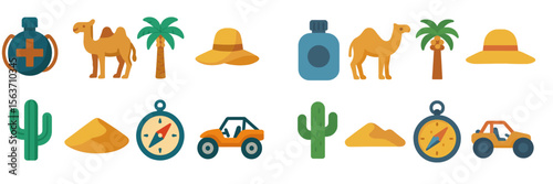 Exploration tools and icons representing desert adventure activities and wildlife encounters under clear skies