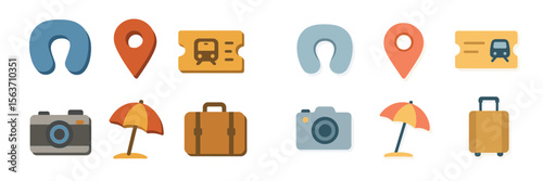 Travel-related icons representing various aspects of adventure and exploration in a colorful design