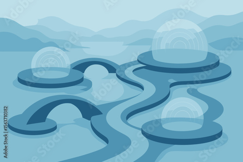 Futuristic landscape with floating bridges, paths, and translucent domes