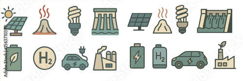 Energy sources and technology illustrations showcasing solar, hydro, and hydrogen power among other renewable energy forms
