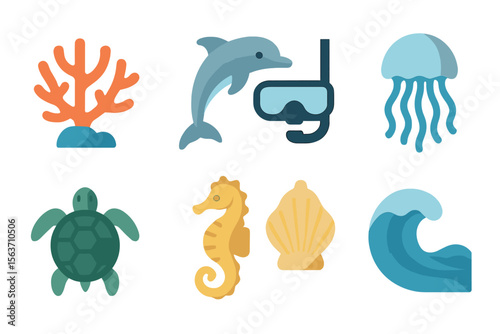 Colorful marine life and underwater activities are depicted in this vibrant illustration featuring various ocean elements