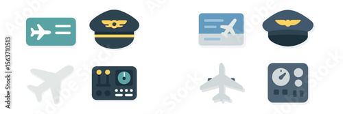 Icons representing aviation elements such as pilot uniforms, boarding passes, and aircraft instruments for travel enthusiasts