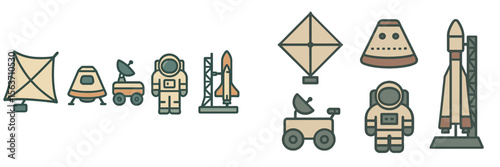 Collection of space exploration icons featuring astronauts, rockets, and rovers designed for educational or creative projects
