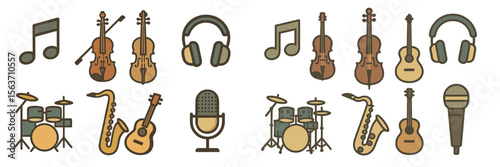 Colorful musical instruments and accessories arranged in a creative layout showcasing various musical elements in a vibrant design