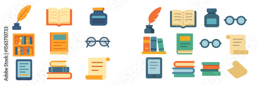 Colorful collection of literary and study tools including books, pens, and glasses on a simple background