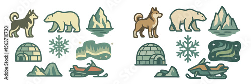 Winter adventure illustrations featuring huskies, polar bears, mountains, and snowmobiles in a snowy landscape