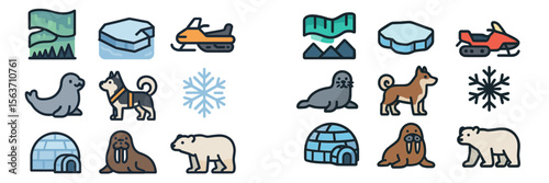 Collection of winter-themed illustrations featuring animals and activities in snowy environments
