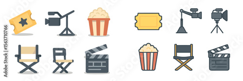Collection of diverse movie and cinema icons including director's chairs, cameras, tickets, and popcorn containers