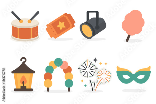 Festive celebration items including decorations, treats, and entertainment gear in a joyful carnival setting