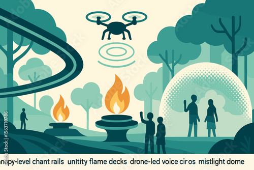 Futuristic landscape featuring drones, glowing fire pits, and a misty dome in a vibrant, minimalistic design.