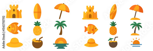 Colorful summer icons featuring tropical elements, beach activities, and playful designs for sunny vibes and fun adventures