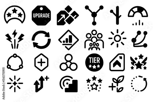 Set of dark icons representing progress, upgrades, tiers, and growth metrics.