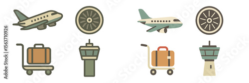 Air travel icons featuring an airplane, jet engine, luggage cart, and control tower in a simple and colorful design