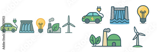 Electric vehicles, renewable energy sources, and sustainable technology in a modern green landscape
