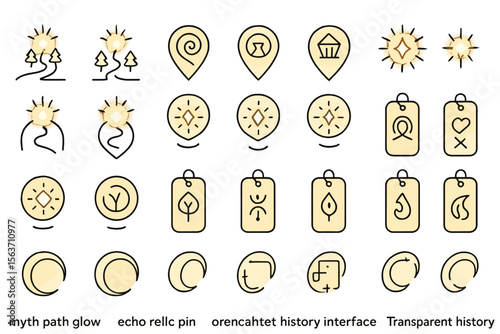 Glowing interface icon set with path, nature, glyph, and memory symbols