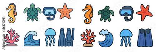 Colorful marine life icons featuring seahorses, turtles, and coral against a simple white background