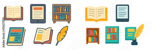 Diverse collection of reading materials showcasing traditional books, e-readers, and literary elements in a library context