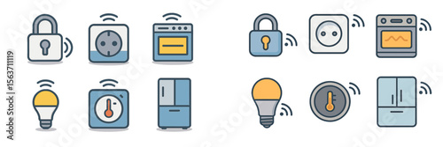 Smart home devices and icons illustrating modern connectivity in everyday appliances and security systems