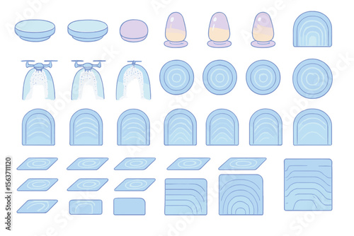 Glowing vector icons of portals, pads, and drone-synced gateways