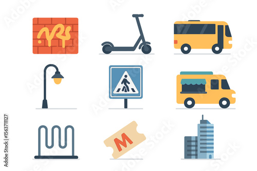 Urban transportation elements including scooter, bus, food truck, and street signs in a city setting