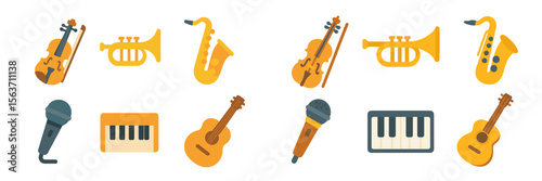Various musical instruments including strings, brass, and woodwinds displayed in a simple flat design, vibrant colors create a lively atmosphere