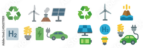 Symbols representing renewable energy sources including wind, solar, and hydrogen for sustainability initiatives