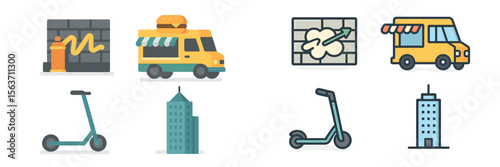 Food trucks parked near graffiti walls with scooters on urban streets in a lively city environment