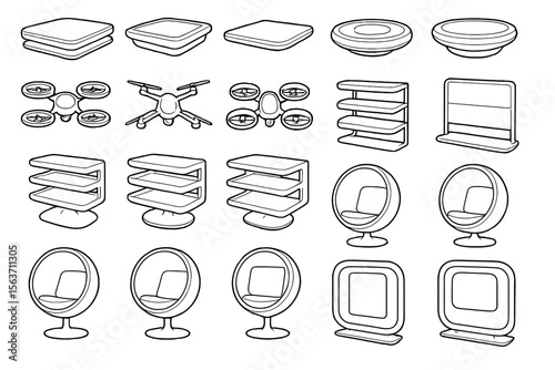 Set of line art icons depicting drones, futuristic furniture, and shelves.