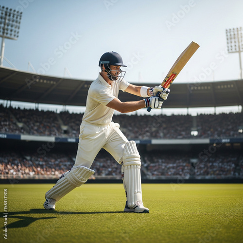Realistic Cricket Batsman Playing Cover Drive in Stadium – AI Generated Sports Action