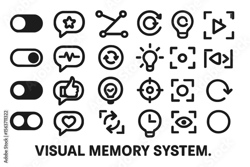 Outlined UI icon set for a visual memory system on metallic background