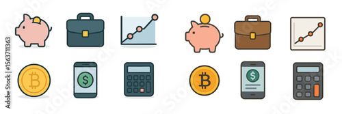 Various financial icons representing savings, investment, and digital currency concepts in a modern graphic style