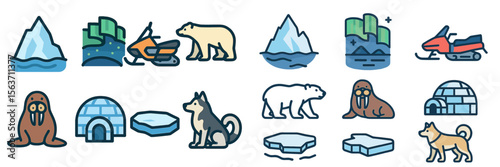 Illustrations of Arctic wildlife, scenery, and outdoor activities in a cold climate environment