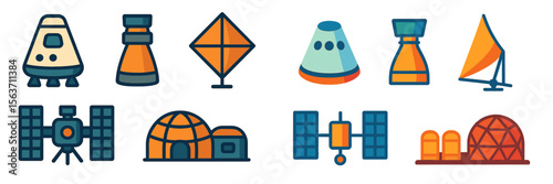 Exploration of space and technology through colorful icons showcasing various spacecraft and innovative designs