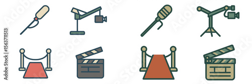 Icon set depicting filmmaking tools and equipment used in movie production and cinematography projects