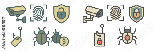 Collection of security icons featuring surveillance, fingerprint analysis, and pest detection in a modern design