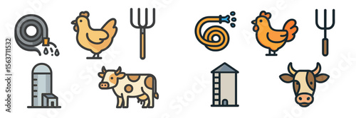 Farm essentials with animals and tools showcased in a colorful illustration depicting rural life and agricultural activities