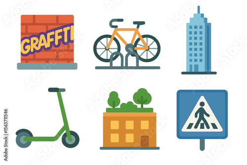 Urban elements like graffiti, bikes, scooters, and signs highlight vibrant city life in a lively neighborhood