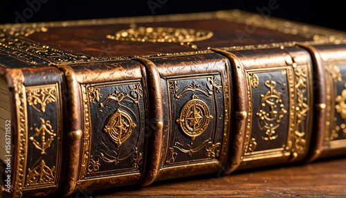 Intricate details on an antique, leather-bound book with decorative gold embellishments resting on aged wood surface creating a vintage aesthetic.