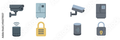 Icons representing smart home devices including security cameras, refrigerators, and smart speakers in a modern layout